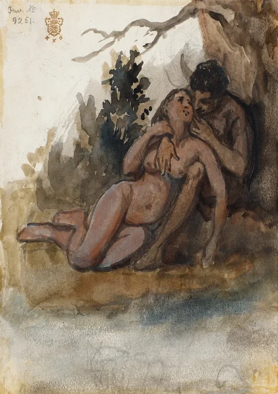 Wilhelm Marstrand | Et nøgent par ved et træ - 1846 | Indrammet kunsttryk | Danmarks Guldalder
