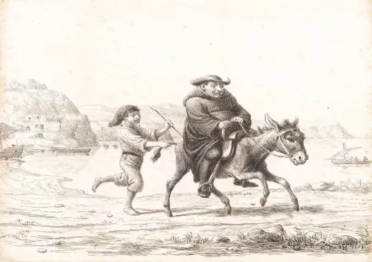 Wilhelm Marstrand | Ein Mönch reitet auf einem Esel - 1845 | Gerahmter Kunstdruck | Goldenes Zeitalter Dänemark