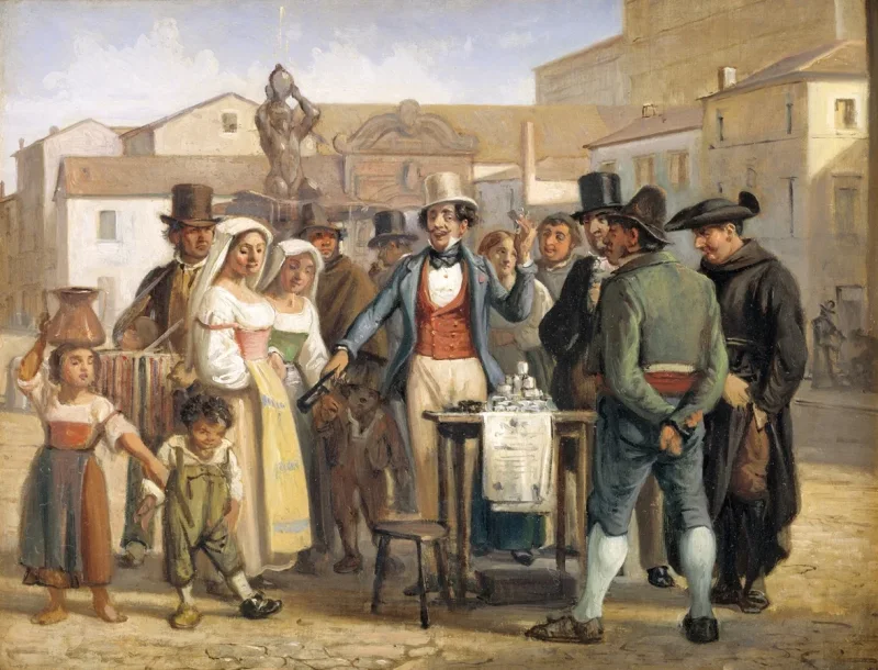 Wilhelm Marstrand – Ein Scharlatan, der Schuhputzcreme auf der Piazza Barberini in Rom verkauft 1840 | Giclée Kunstdruck gerahmt