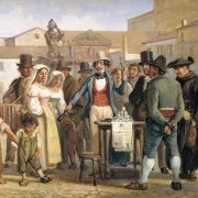 Wilhelm Marstrand – Ein Scharlatan, der Schuhputzcreme auf der Piazza Barberini in Rom verkauft 1840 | Giclée Kunstdruck gerahmt