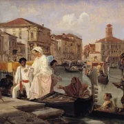 Wilhelm Marstrand | Stiger af en gondol i Venedig - 1852 | Indrammet kunsttryk | Danmarks Guldalder