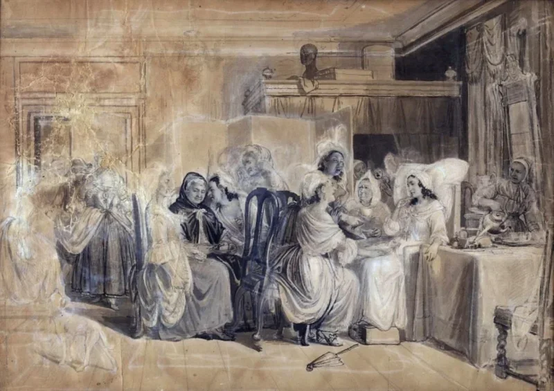 Wilhelm Marstrand | Tegneserieskitse til Barselstuen – 1825 | Indrammet kunsttryk | Danmarks Guldalder