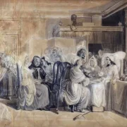 Wilhelm Marstrand | Tegneserieskitse til Barselstuen – 1825 | Indrammet kunsttryk | Danmarks Guldalder