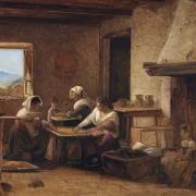 Wilhelm Marstrand – Frauen arbeiten in der Küche eines Bauernhauses in der Nähe von Olevan 1851 | Giclée Kunstdruck gerahmt