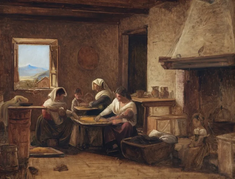 Wilhelm Marstrand – Frauen arbeiten in der Küche eines Bauernhauses in der Nähe von Olevan 1851 | Giclée Kunstdruck gerahmt