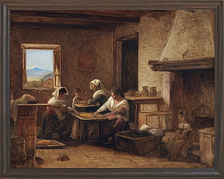 Wilhelm Marstrand – Frauen arbeiten in der Küche eines Bauernhauses in der Nähe von Olevan 1851 | Giclée Kunstdruck gerahmt