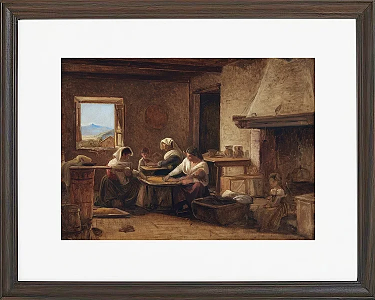 Wilhelm Marstrand – Frauen arbeiten in der Küche eines Bauernhauses in der Nähe von Olevan 1851 | Giclée Kunstdruck gerahmt
