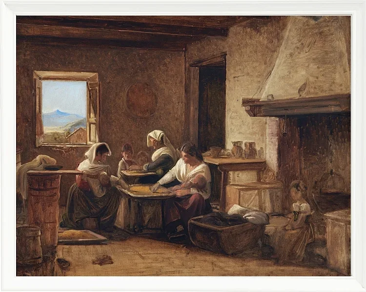 Wilhelm Marstrand – Frauen arbeiten in der Küche eines Bauernhauses in der Nähe von Olevan 1851 | Giclée Kunstdruck gerahmt
