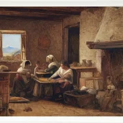 Wilhelm Marstrand – Frauen arbeiten in der Küche eines Bauernhauses in der Nähe von Olevan 1851 | Giclée Kunstdruck gerahmt