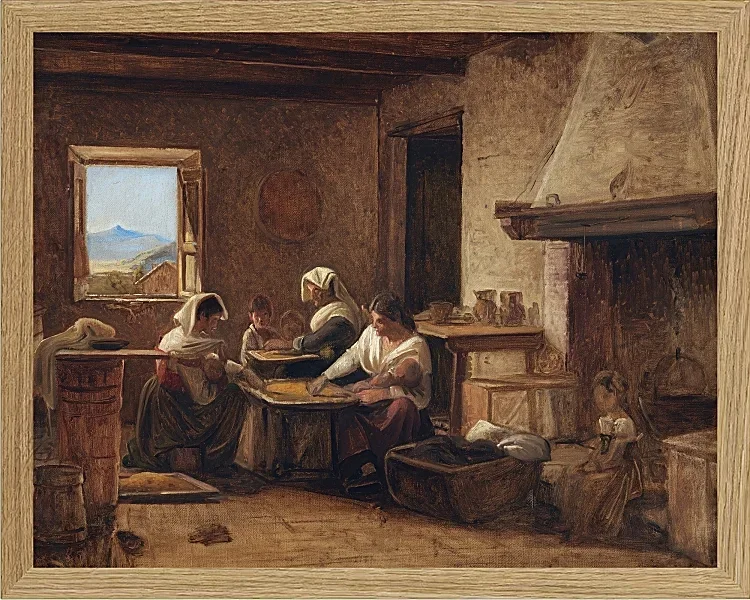 Wilhelm Marstrand – Frauen arbeiten in der Küche eines Bauernhauses in der Nähe von Olevan 1851 | Giclée Kunstdruck gerahmt