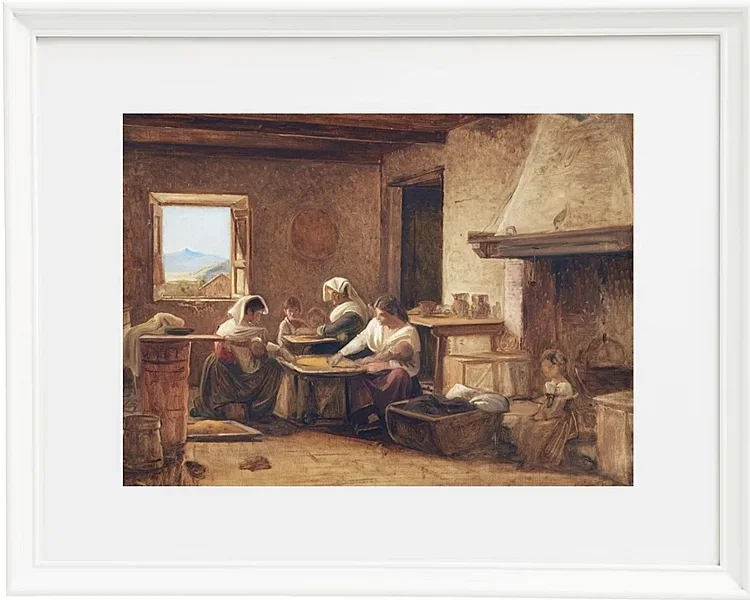 Wilhelm Marstrand – Frauen arbeiten in der Küche eines Bauernhauses in der Nähe von Olevan 1851 | Giclée Kunstdruck gerahmt