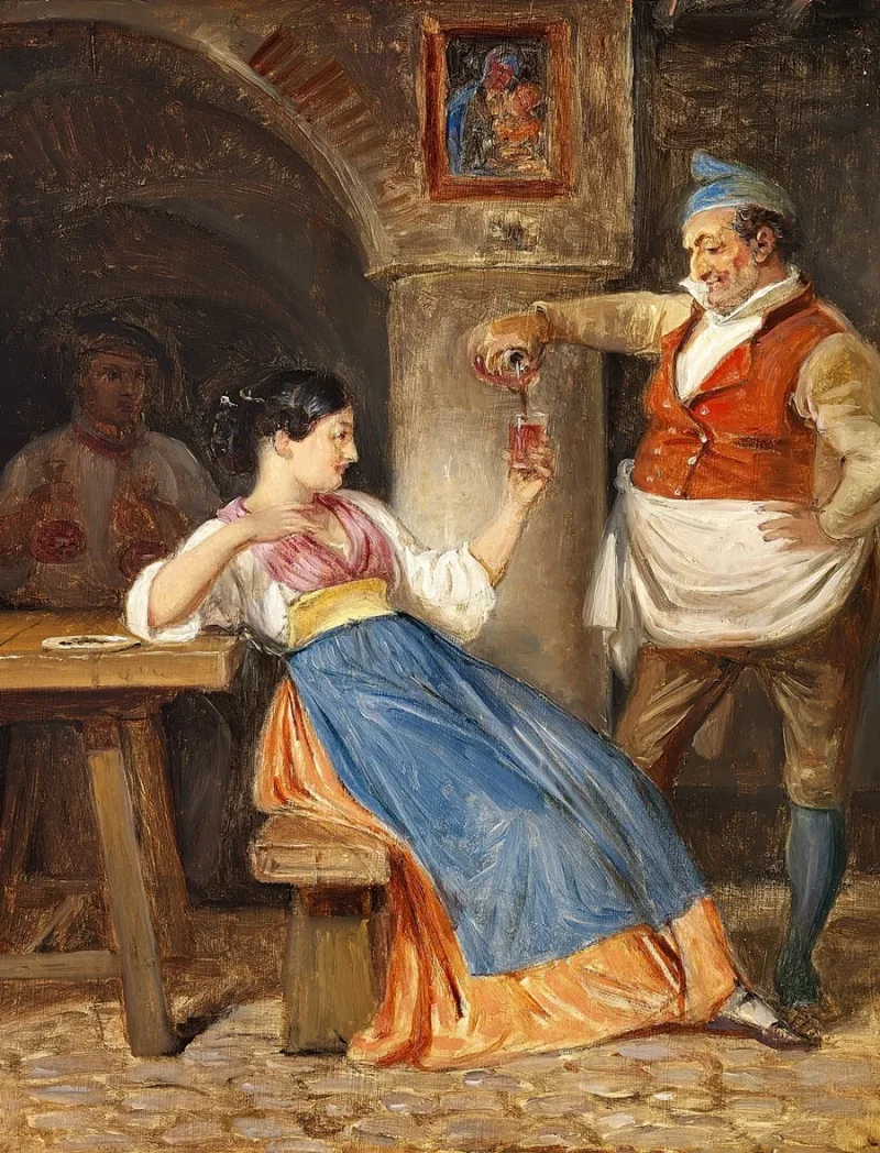 Wilhelm Marstrand – Gastwirt schenkt einer jungen Italienerin Rotwein ein 1832 | Giclée Kunstdruck gerahmt