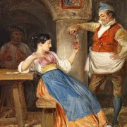Wilhelm Marstrand – Gastwirt schenkt einer jungen Italienerin Rotwein ein 1832 | Giclée Kunstdruck gerahmt