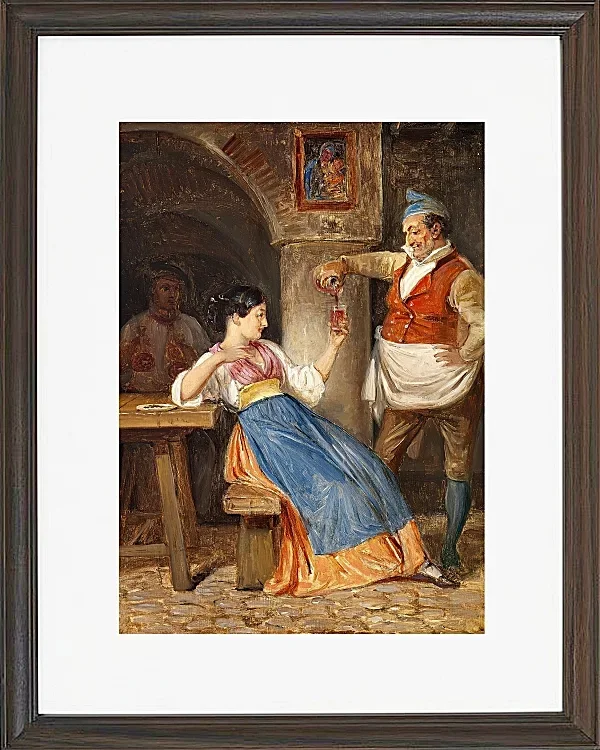 Wilhelm Marstrand – Gastwirt schenkt einer jungen Italienerin Rotwein ein 1832 | Giclée Kunstdruck gerahmt