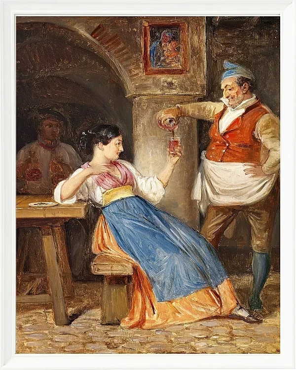 Wilhelm Marstrand – Gastwirt schenkt einer jungen Italienerin Rotwein ein 1832 | Giclée Kunstdruck gerahmt