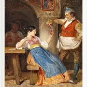Wilhelm Marstrand – Gastwirt schenkt einer jungen Italienerin Rotwein ein 1832 | Giclée Kunstdruck gerahmt