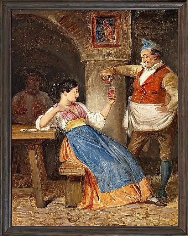 Wilhelm Marstrand – Gastwirt schenkt einer jungen Italienerin Rotwein ein 1832 | Giclée Kunstdruck gerahmt