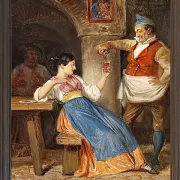 Wilhelm Marstrand – Gastwirt schenkt einer jungen Italienerin Rotwein ein 1832 | Giclée Kunstdruck gerahmt
