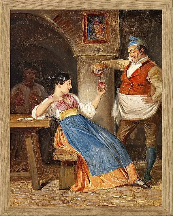 Wilhelm Marstrand – Gastwirt schenkt einer jungen Italienerin Rotwein ein 1832 | Giclée Kunstdruck gerahmt