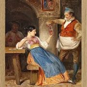 Wilhelm Marstrand – Gastwirt schenkt einer jungen Italienerin Rotwein ein 1832 | Giclée Kunstdruck gerahmt