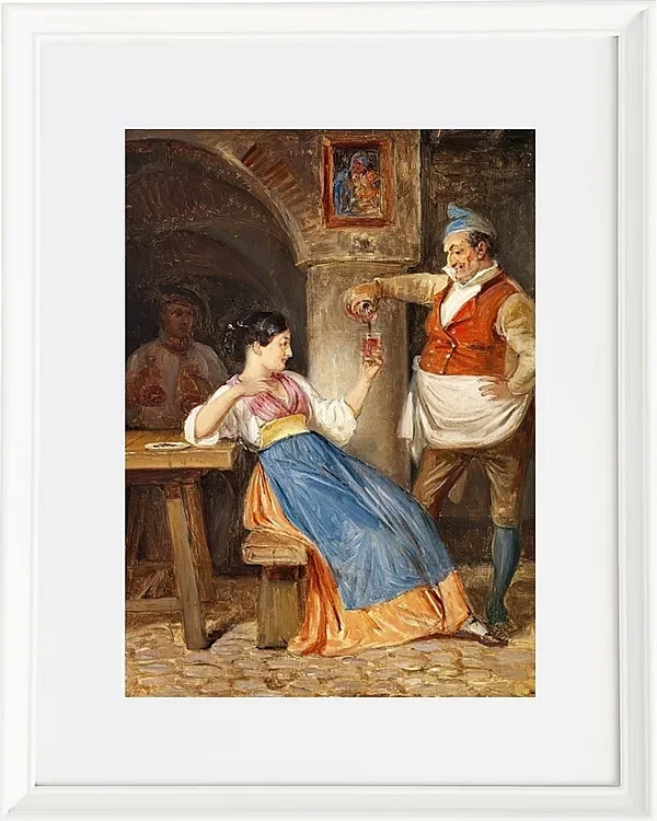 Wilhelm Marstrand – Gastwirt schenkt einer jungen Italienerin Rotwein ein 1832 | Giclée Kunstdruck gerahmt