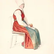 Wilhelm Marstrand | Siddende svensk bondekone med højt hovedlin - 1851 | Indrammet kunsttryk | Danmarks Guldalder