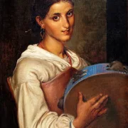 Wilhelm Marstrand | Italiensk pige med en blå tamburin – 1869 | Indrammet kunsttryk | Danmarks Guldalder
