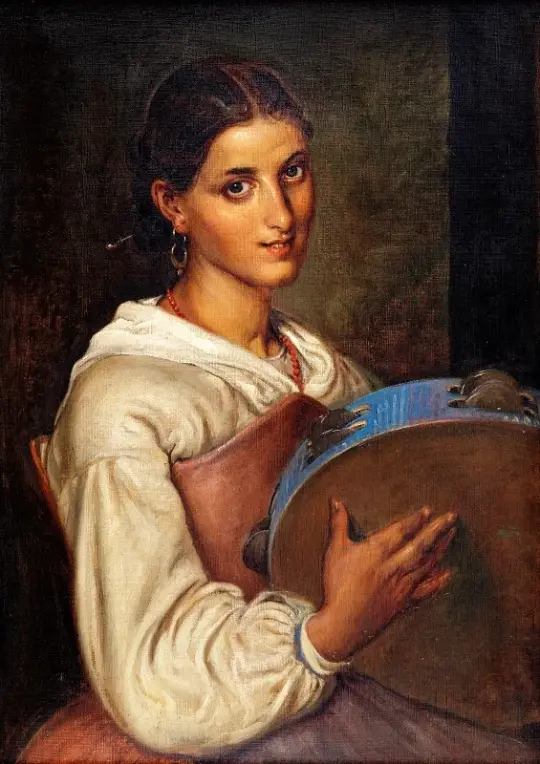 Wilhelm Marstrand | Italiensk pige med en blå tamburin – 1869 | Indrammet kunsttryk | Danmarks Guldalder