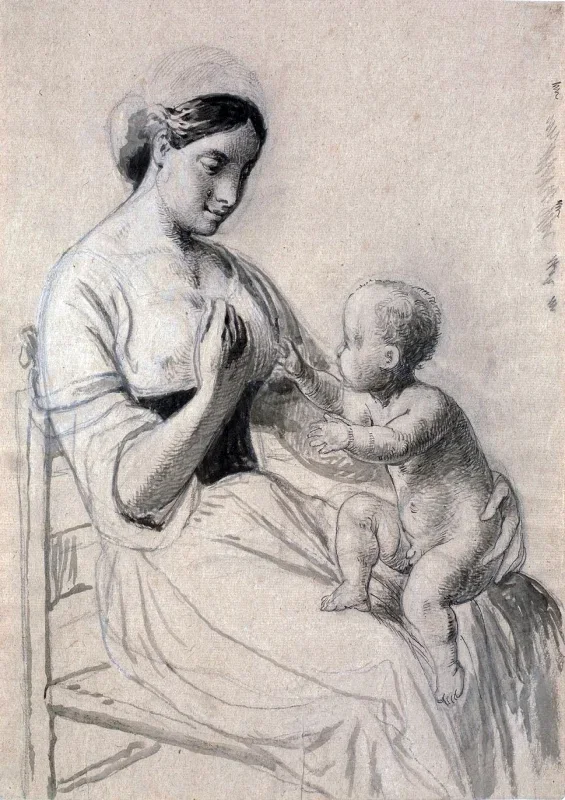 Wilhelm Marstrand | Italiensk kvinde med et nøgent barn på skødet - 1810 | Indrammet kunsttryk | Danmarks Guldalder