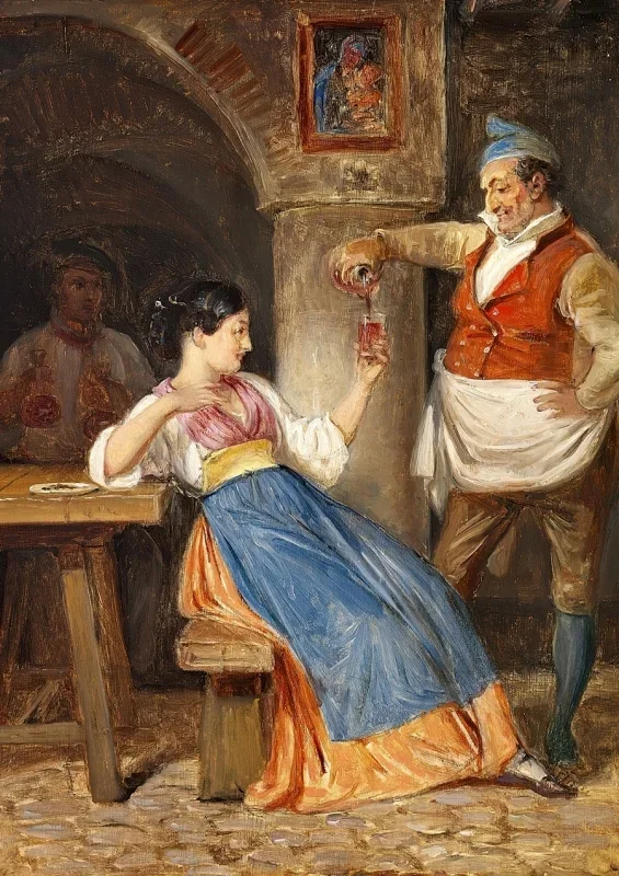 Wilhelm Marstrand | Krofatter skænker rødvin for en ung italienerinde - 1832 | Indrammet kunsttryk | Danmarks Guldalder