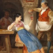 Wilhelm Marstrand | Krofatter skænker rødvin for en ung italienerinde - 1832 | Indrammet kunsttryk | Danmarks Guldalder
