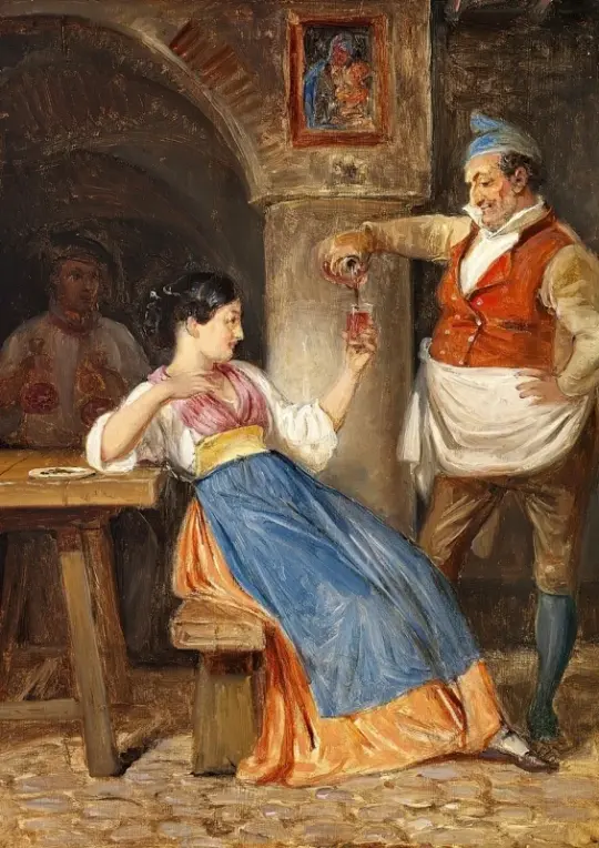 Wilhelm Marstrand | Krofatter skænker rødvin for en ung italienerinde - 1832 | Indrammet kunsttryk | Danmarks Guldalder