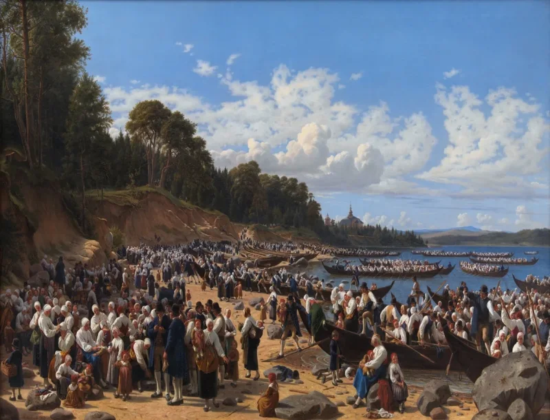 Wilhelm Marstrand – Kirchenbesucher kommen mit dem Boot an der Pfarrkirche an 1853 | Giclée Kunstdruck gerahmt