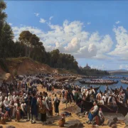 Wilhelm Marstrand – Kirchenbesucher kommen mit dem Boot an der Pfarrkirche an 1853 | Giclée Kunstdruck gerahmt