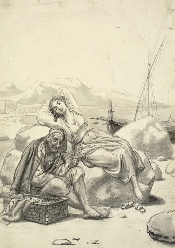 Wilhelm Marstrand | Sovende pige og gammel fisker på stranden – 1873 | Indrammet kunsttryk | Danmarks Guldalder