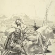 Wilhelm Marstrand | Sovende pige og gammel fisker på stranden – 1873 | Indrammet kunsttryk | Danmarks Guldalder