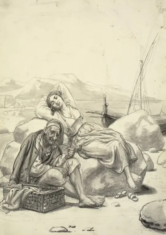 Wilhelm Marstrand | Sovende pige og gammel fisker på stranden – 1873 | Indrammet kunsttryk | Danmarks Guldalder