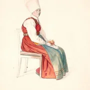 Wilhelm Marstrand – Sitzende schwedische Bäuerin mit hohem Kopfschmuck 1851 | Giclée Kunstdruck gerahmt