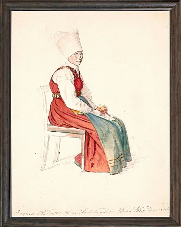 Wilhelm Marstrand – Sitzende schwedische Bäuerin mit hohem Kopfschmuck 1851 | Giclée Kunstdruck gerahmt