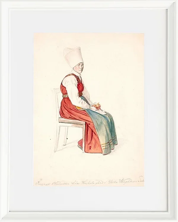 Wilhelm Marstrand – Sitzende schwedische Bäuerin mit hohem Kopfschmuck 1851 | Giclée Kunstdruck gerahmt
