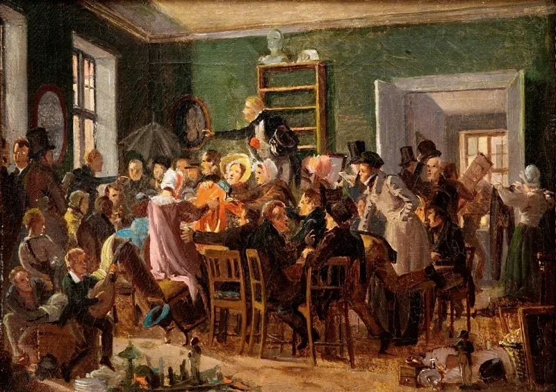 Wilhelm Marstrand | Szene aus einer Auktion – 1835 | Gerahmter Kunstdruck | Goldenes Zeitalter Dänemark