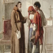 Wilhelm Marstrand | Et bondeægtepar med en munk i hans celle – 1810 | Indrammet kunsttryk | Danmarks Guldalder