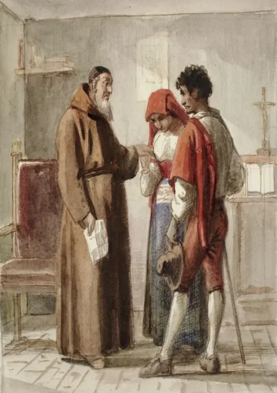 Wilhelm Marstrand | Et bondeægtepar med en munk i hans celle – 1810 | Indrammet kunsttryk | Danmarks Guldalder