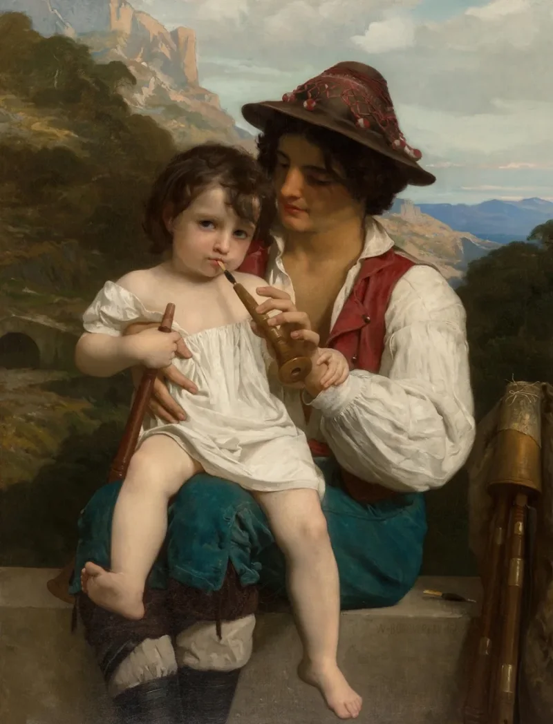 William Bouguereau – Die Flötenstunde 1868 | Giclée Kunstdruck gerahmt