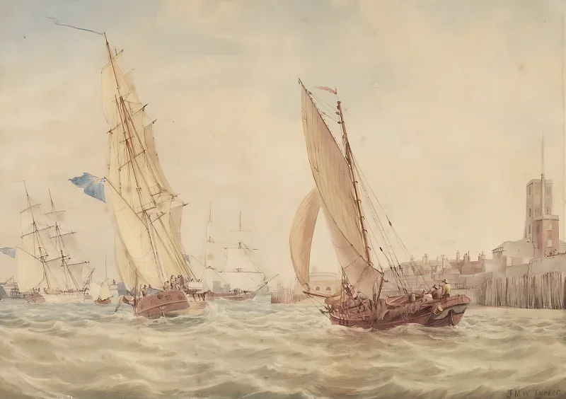 William Turner | Tre krigsslupper og en fiskekutter, Portsmouth - 1820 | Indrammet kunsttryk | Romantik | formida
