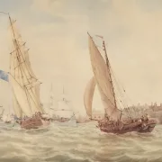 William Turner | Tre krigsslupper og en fiskekutter, Portsmouth - 1820 | Indrammet kunsttryk | Romantik | formida