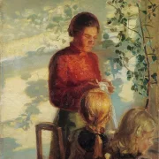 Zwei kleine Mädchen lernen das Nähen – 1910