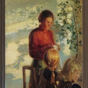 Zwei kleine Mädchen lernen das Nähen – 1910