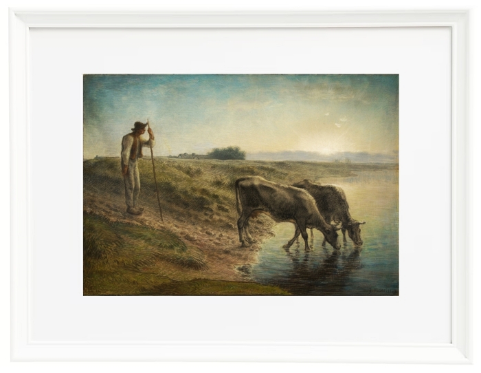 Bauer tränkt seine Kühe am Ufer des Allier River - 1868