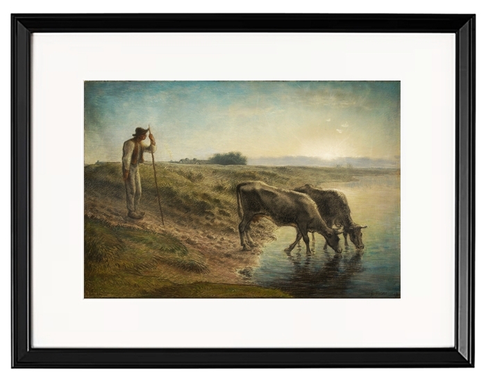 Bauer tränkt seine Kühe am Ufer des Allier River - 1868